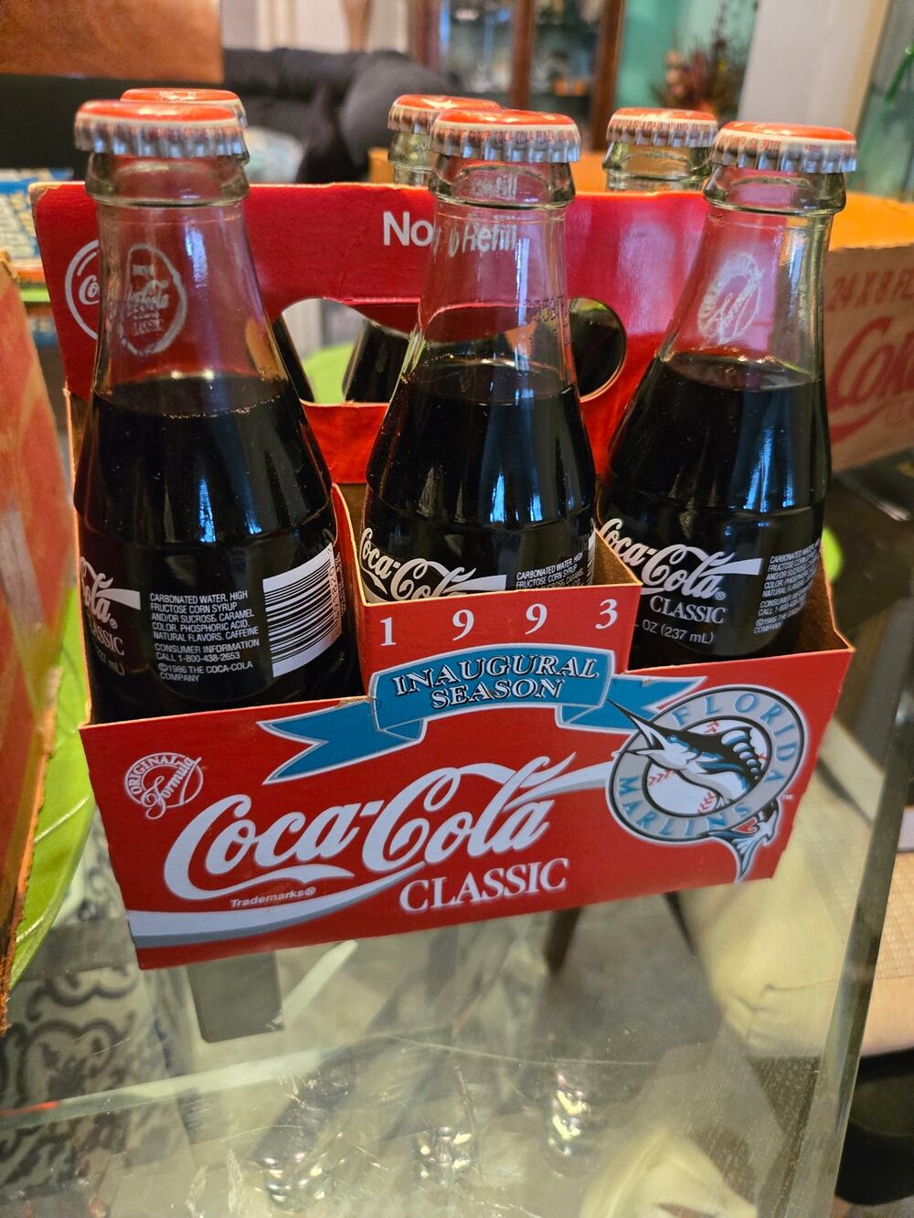 1993 Florida Marlins Inaugural Season Coca-Cola 6 Pack. Original Bottle W/ Drink